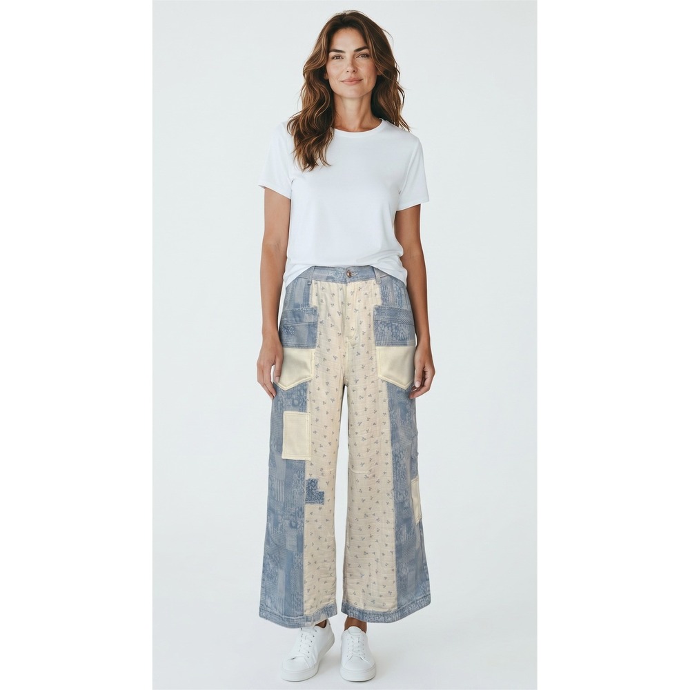POL Patchwork Wide Leg‎ Pants Floral Denim Gauze Boho Multi Texture Blue Cream L